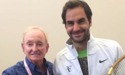 ATP: Indian Wells: Legend Rod Laver presents Roger Federer with a great gift