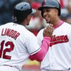 MLB: Indians: Francisco Lindor laughs with a fake helmet