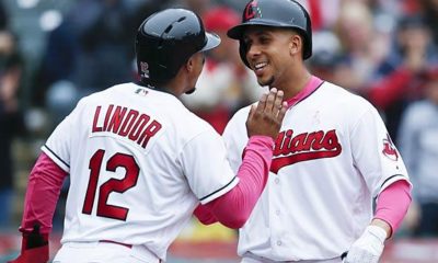 MLB: Indians: Francisco Lindor laughs with a fake helmet