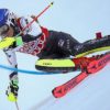 Alpine skiing: sign after first slalom-DG from Killington in waiting position